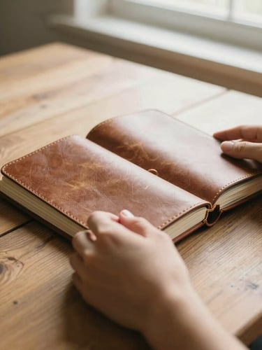 Close-up of hands holding a well-worn leather journal on a rustic wooden table, soft window light, warm editorial photography.