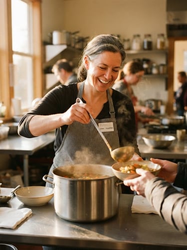 Candid medium shot of a volunteer serving warm soup in a sunlit community kitchen, soft golden-hour light, shallow depth of field, 35mm film look.