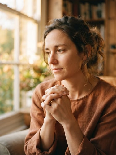 Intimate close-up of a person in quiet reflection, hands clasped, warm golden-hour window light, soft organic tones, shallow depth of field, 35mm film look