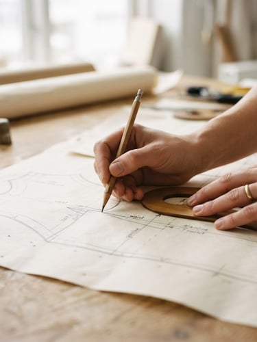 Close-up macro shot of hands drafting a garment pattern on thick parchment paper, soft overcast light from a Scandinavian window, shallow depth of field, 35mm
