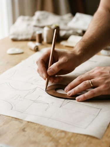 Close-up hands drafting a precise garment pattern with a pencil on crisp parchment paper, soft natural overcast daylight, warm editorial photography, 35mm
