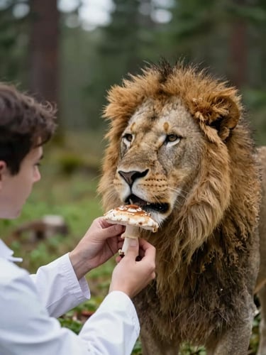 A researcher in a clean white coat carefully inspecting a lion's mane mushroom specimen under soft Scandinavian daylight, shallow depth of field, 35mm photography.