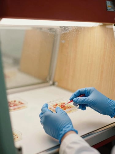 Vertical portrait of a researcher's hands in blue nitrile gloves inoculating a sterilized substrate block under a laminar flow hood, warm wooden wall in the background, soft daylight, 35mm.