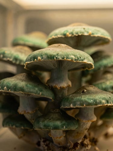 Macro shot of lion's mane mushroom textures growing inside a sterile incubation chamber, warm indoor glow, matte forest green tones, shallow depth of field, 35mm