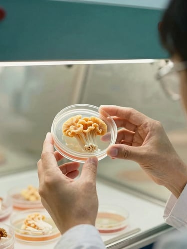 A close-up of a researcher in a clean white coat working under a laminar flow hood, holding a petri dish with lion's mane mycelium, soft warm lighting, shallow depth of field, 35mm.