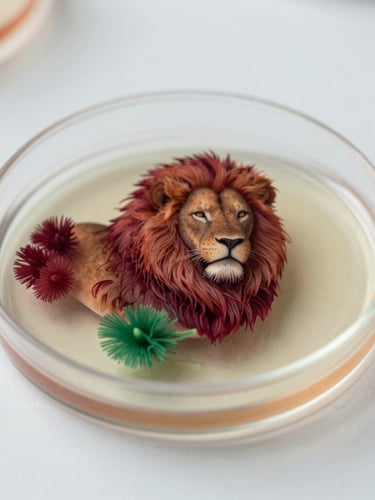Macro photograph of high-detail lion's mane mycelium growing in a sterile petri dish, soft Scandinavian daylight, deep crimson accents, shallow depth of field, 35mm