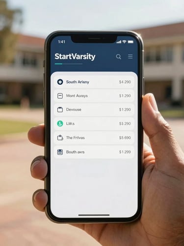 Close-up of a mobile screen displaying the StartVarsity dashboard with application tracking status, held by a South African student on a sunny campus courtyard, warm golden daylight.