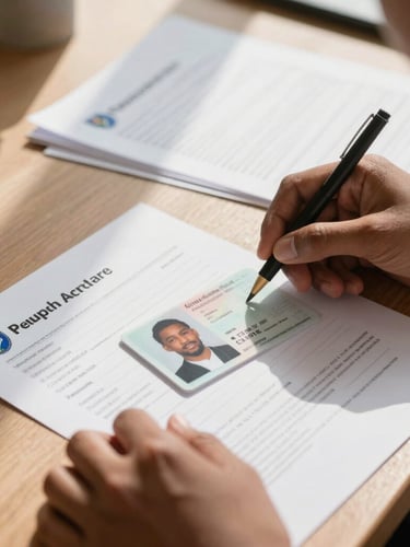Close-up of a South African student's hands organizing certified ID documents and academic transcripts on a wooden table, bright morning sunlight.