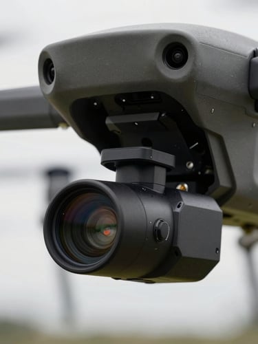 Extreme close-up of a rugged industrial drone gimbal carrying a high-resolution thermal sensor and optical payload, sharp metal edges, overcast daylight, high contrast.