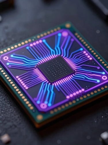 Extreme macro photograph of a real superconducting quantum processor chip, intricate geometric niobium circuit paths glowing with neon violet and electric blue light, dark atmospheric background with shallow depth of field