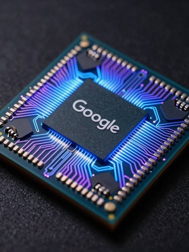 Macro close-up of a real superconducting quantum processor, high-tech Google Sycamore chip, intricate geometric circuit lines, glowing blue and purple neon illumination, dark background