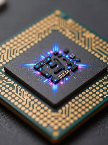 Macro close-up of a real IBM superconducting quantum processor chip, intricate geometric gold and silicon circuit paths, brilliant neon blue and purple laser illumination reflecting off the metallic surfaces, shallow depth of field.