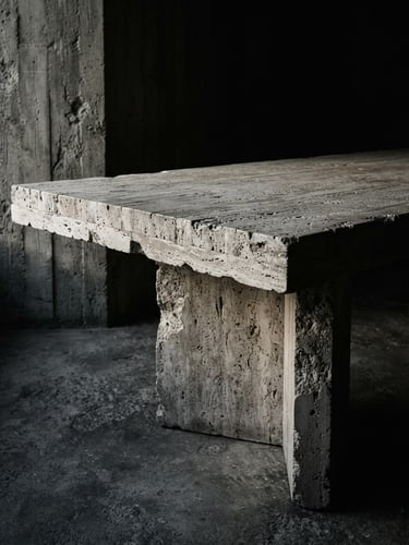 Dramatic architectural photograph of a monolithic stone table with low-key side-lighting, deep shadows, raw concrete texture, 35mm lens, kissing the right edge.