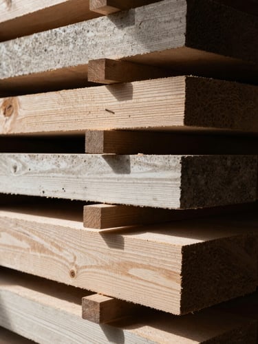 Extreme close-up of raw oak timber planks stacked in a curing facility, dramatic side-lighting, deep shadows, natural textures, Friuli, Italy