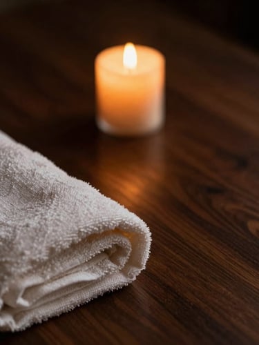 Portrait close-up of soft ambient candlelight reflecting off dark walnut wood, with a folded heavy-gauge linen towel in the foreground, moody luxury spa photography, shallow depth of field, 35mm