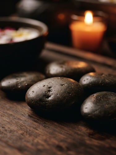 Close-up of smooth, warm basalt stones resting on dark wood, soft amber candlelight, shallow depth of field, moody luxury spa photography.