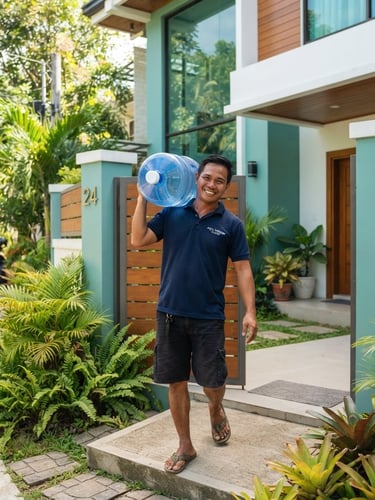 Bright clean water delivery in Talisay, Cebu, a friendly local delivery person carrying a clean 5-gallon blue water jug to a modern home, natural tropical daylight, 35mm lens.