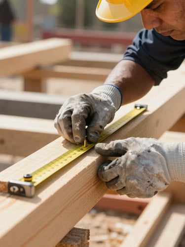 A close-up shot of a trainee in heavy-duty gloves measuring a thick timber beam on a construction site, bright daylight, focused expression, clear physical action.