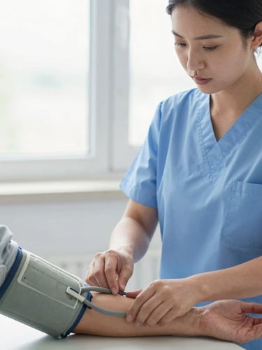 A focused nurse in clean blue scrubs carefully adjusting a blood pressure cuff on a patient's arm, bright natural window light, clinical hands-on setting.