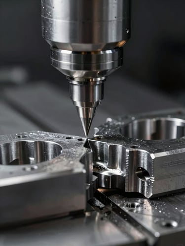 Macro studio shot of a high-precision steel CNC milling toolpath cutting complex aerospace component, sharp highlights on metallic edges, dark background