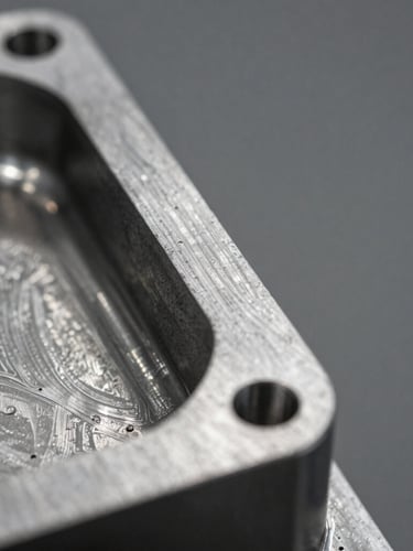 Extreme macro photograph of a complex steel injection mold cavity, sharp metallic tool paths, high-contrast studio lighting with crisp highlights, shallow depth of field, left-aligned composition with negative space on the right.