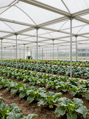 Wide environmental shot of a modern industrial greenhouse facility, bright overcast daylight, rows of commercial crops stretching into the background, realistic commercial agriculture