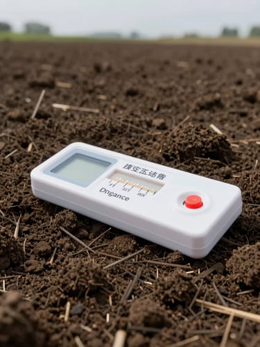 Close-up of a high-grade soil testing kit in a freshly tilled field, rich dark soil, morning overcast light, realistic commercial agriculture