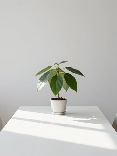 Bright, minimalist consultation room with a single botanical plant on a white table, soft natural daylight, gentle shadows
