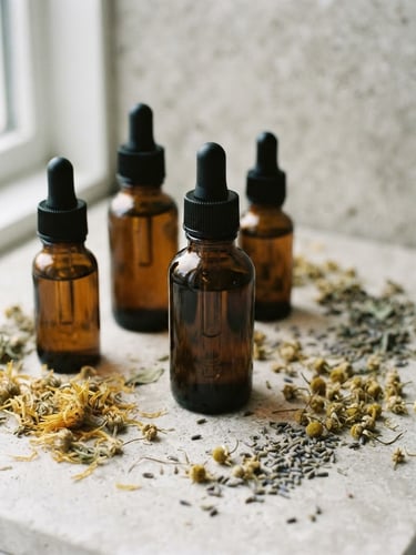 Clean amber glass dropper bottles, raw dried botanicals on a light stone surface, minimalist composition, soft natural daylight, 35mm lens