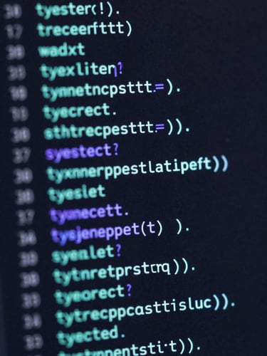 Macro close-up of syntax-highlighted TypeScript code on an ultra-dark screen, glowing cyan and violet edge-lighting, shallow depth of field.