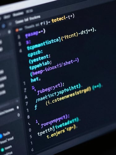 Isometric close-up of a dark-themed code editor displaying clean TypeScript syntax, glowing cyan and violet syntax highlighting, sharp neon edge-lighting, deep ambient background.