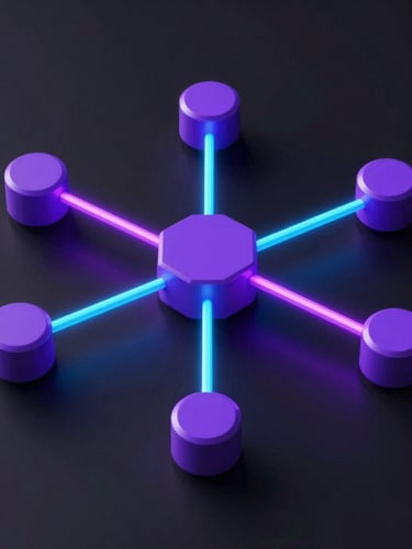 Isometric 3D render of a node-based system architecture diagram, glowing violet and cyan connections on a deep black background.
