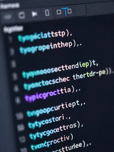 Extreme close-up of a dark-mode code editor featuring syntax-highlighted TypeScript, neon cyan and violet glowing accents, macro lens, shallow depth of field.