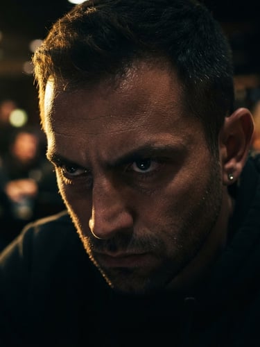 Extreme close-up of a professional poker player's eyes, focused, intense concentration, dramatic golden rim lighting, dark cinematic studio background, shallow depth of field