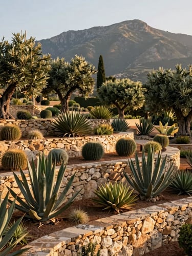 Wide shot of a sustainable luxury garden in Alaró, dry-stone terraces, sculptural agaves, ancient olive trees, mountain background, golden hour, 35mm
