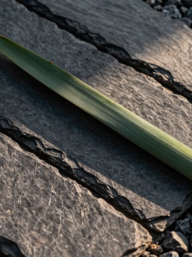Macro shot of raw slate tiles and dark gravel with a single structural agave leaf cutting diagonally across the frame, high-contrast late afternoon shadows.