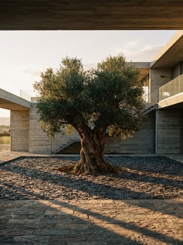 Wide environmental shot of an ancient olive tree integrated into raw concrete architecture, golden-hour sunlight casting long shadows on slate gravel, warm editorial photography, 35mm