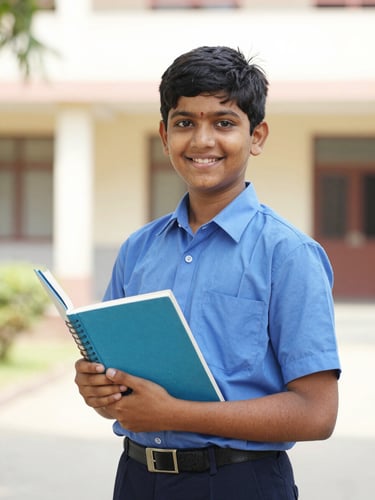 Bright editorial school portrait of a smiling Indian schoolboy in a neat blue uniform holding a textbook, warm natural daylight, clean academic setting