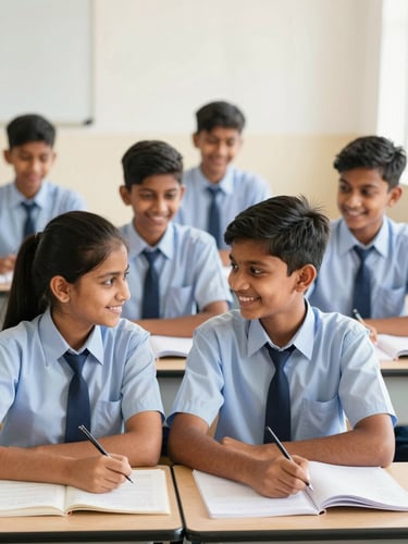 Bright editorial school photography of local Indian students in neat uniforms smiling and studying together in a well-lit, clean classroom, warm natural daylight, shallow depth of field