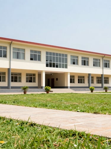 Bright editorial school photography of a modern school campus building in Pratapgarh under clear daylight, neat pathway, lush green lawns in the foreground.