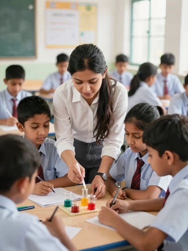 Bright classroom in Uttar Pradesh, a dedicated teacher guiding local students in neat uniforms as they collaborate over a science project, warm natural daylight, shallow depth of field.