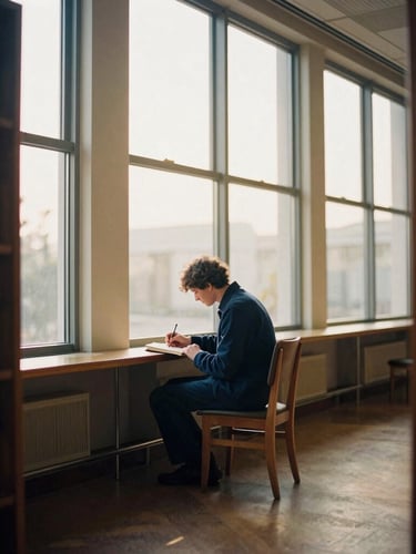 Wide environmental portrait of a writer taking notes in a quiet library with large windows, soft golden-hour light casting long shadows, 35mm film grain.