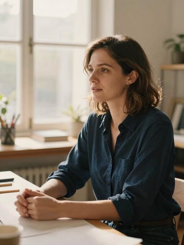 Candid portrait of a woman mid-conversation in a sunlit creative workspace, natural light, shallow depth of field, warm and inviting atmosphere.