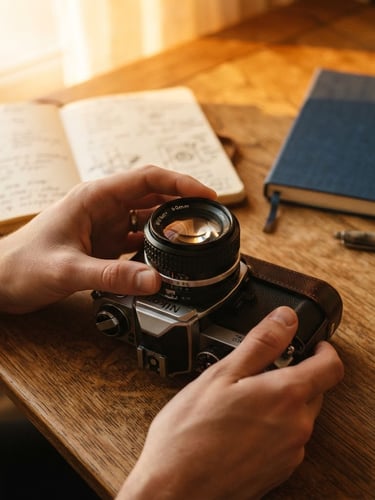 A close-up of hands adjusting a vintage 35mm film camera lens on a wooden desk with a notebook nearby, soft golden-hour window light, warm shadows.