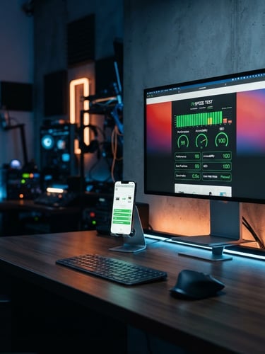 High-resolution device mockup showing a website speed test result with green metrics on a desktop monitor, beside a smartphone displaying the same website in a responsive mobile view. Sleek tech studio environment with cool blue and orange ambient backlighting, sharp focus, 50mm lens, right third of the frame.
