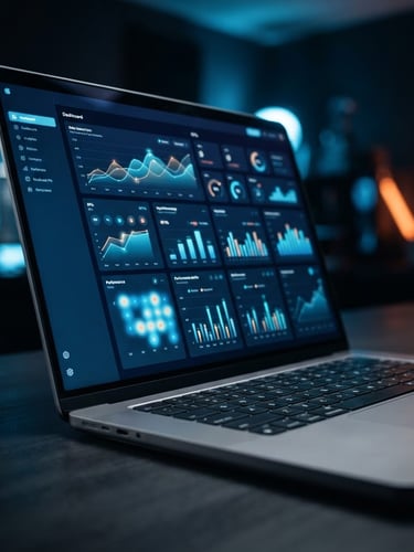 Sleek, modern website design mockup on a high-resolution laptop screen, displaying analytics dashboard, cool blue studio lighting with warm orange neon accents, sharp focus, modern editorial aesthetic, 50mm, viewed from the left side bleeding into the canvas edge.