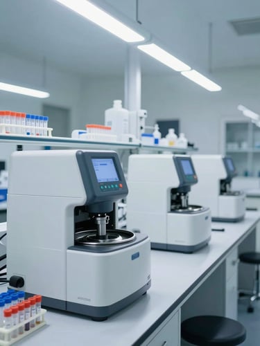 Wide shot of a clinical diagnostic laboratory — centrifuges and automated analyzers in operation along a clean white bench, bright overhead fluorescent lighting, labeled sample tubes in racks, no staff visible, institutional scale and cleanliness evident