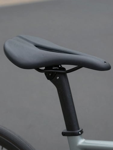 Macro technical close-up of a bicycle saddle profile showing clean ergonomic curves, soft natural light, minimalist slate background