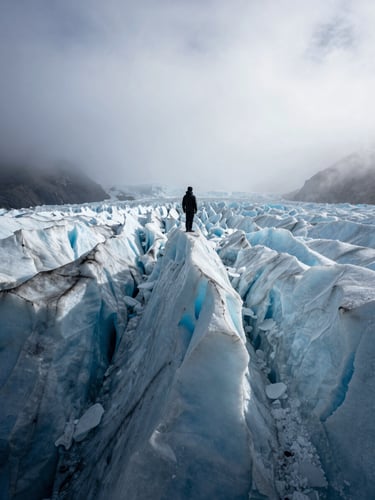 Extreme wide environmental shot of a solitary black-clad figure standing on a massive Patagonian glacier edge under heavy misty skies, moody natural light, deep shadows.
