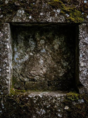 Extreme close-up framing, weathered stone texture against dark moss in a remote sanctuary, heavy shadows, moody natural light, off-center composition.